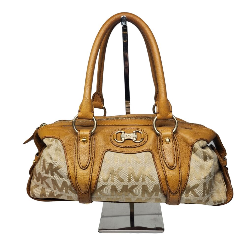 Michael Kors Purse Brown Leather Canvas Jacquard Duffel Satchel Shoulder Y2k